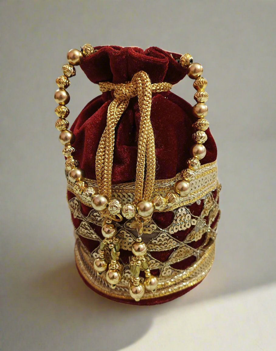 Embellished Maroon Velvet Potli | Peepal Clothing