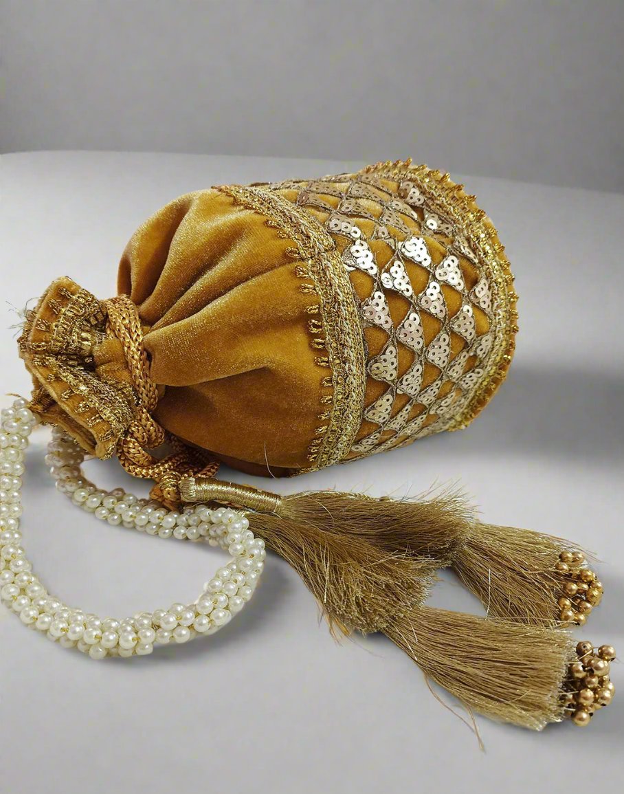 Embellished Mustard Velvet Potli | Peepal Clothing