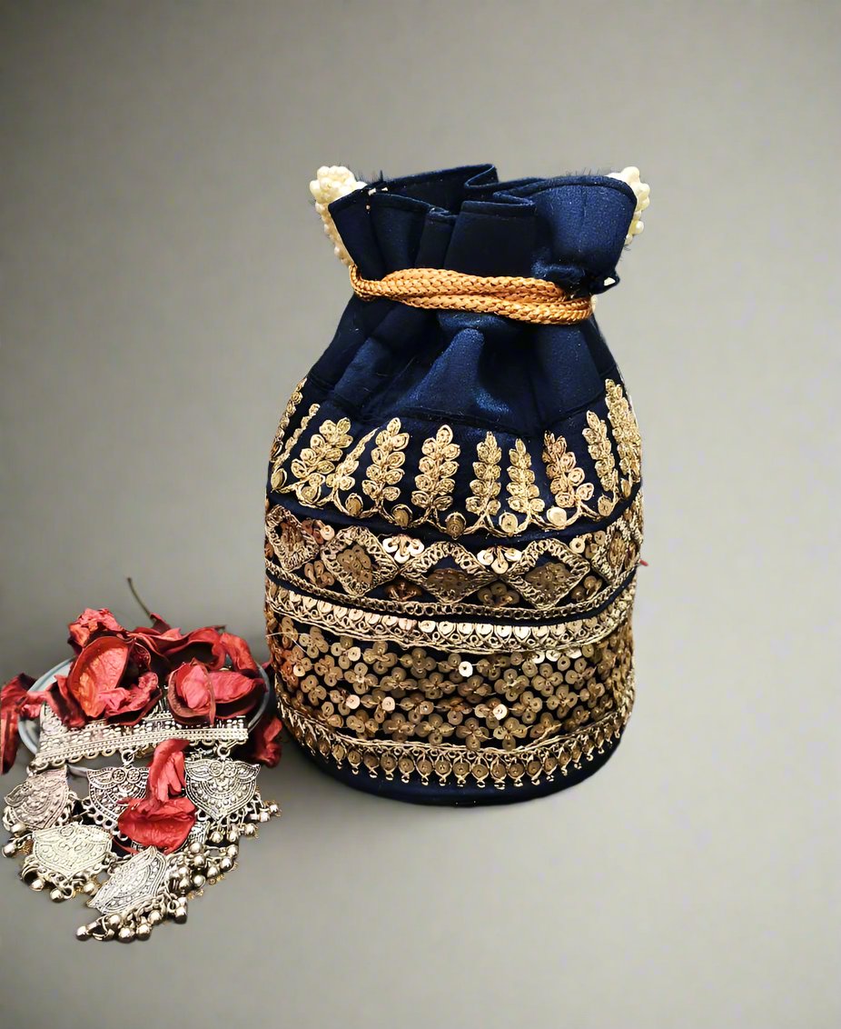 Embellished Navy Blue Potli | Peepal Clothing