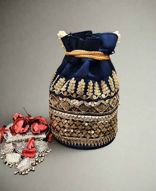 Embellished Navy Blue Potli | Peepal Clothing
