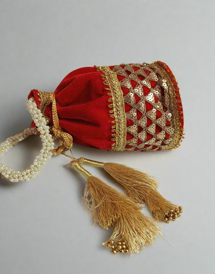 Embellished Red Velvet Potli | Peepal Clothing