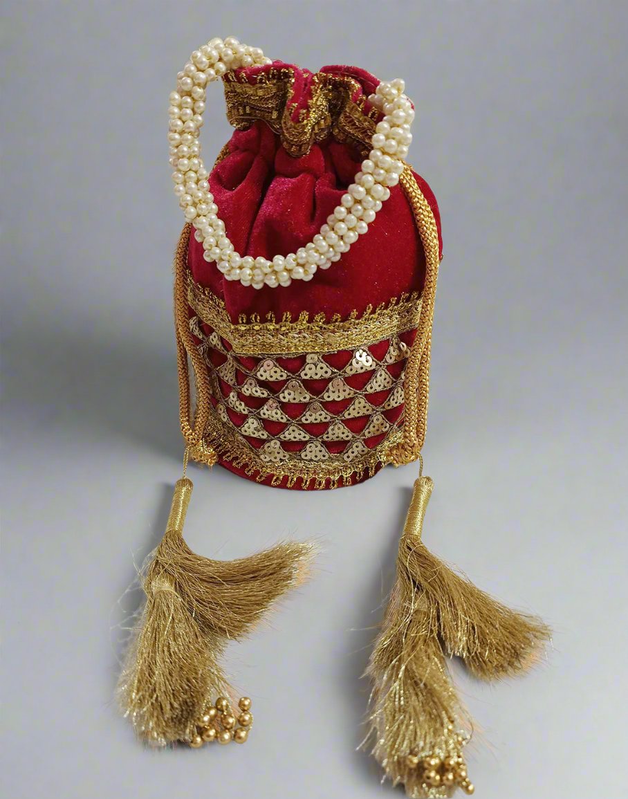 Embellished Red Velvet Potli | Peepal Clothing