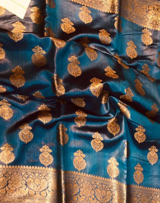 Embroidered Blue Pure Munga Silk Saree | Peepal Clothing
