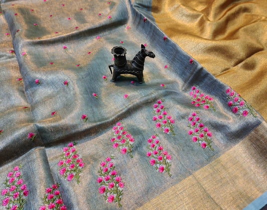 Embroidered Grey tissue linen saree | Peepal Clothing