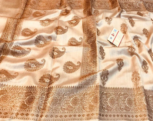 Embroidered Natural Color Munga Silk Saree with Floral Motifs | Peepal Clothing