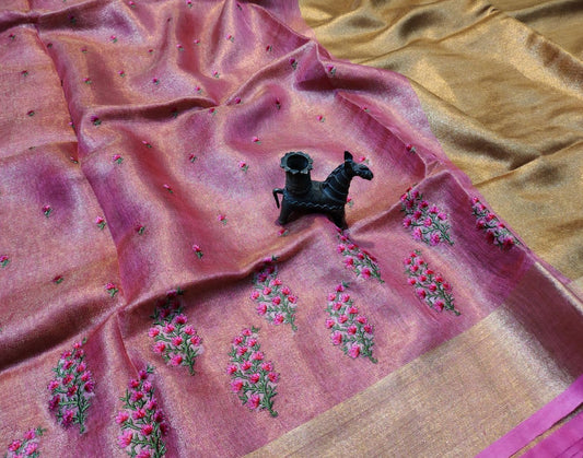 Embroidered Pink Tissue Linen Saree | Peepal Clothing
