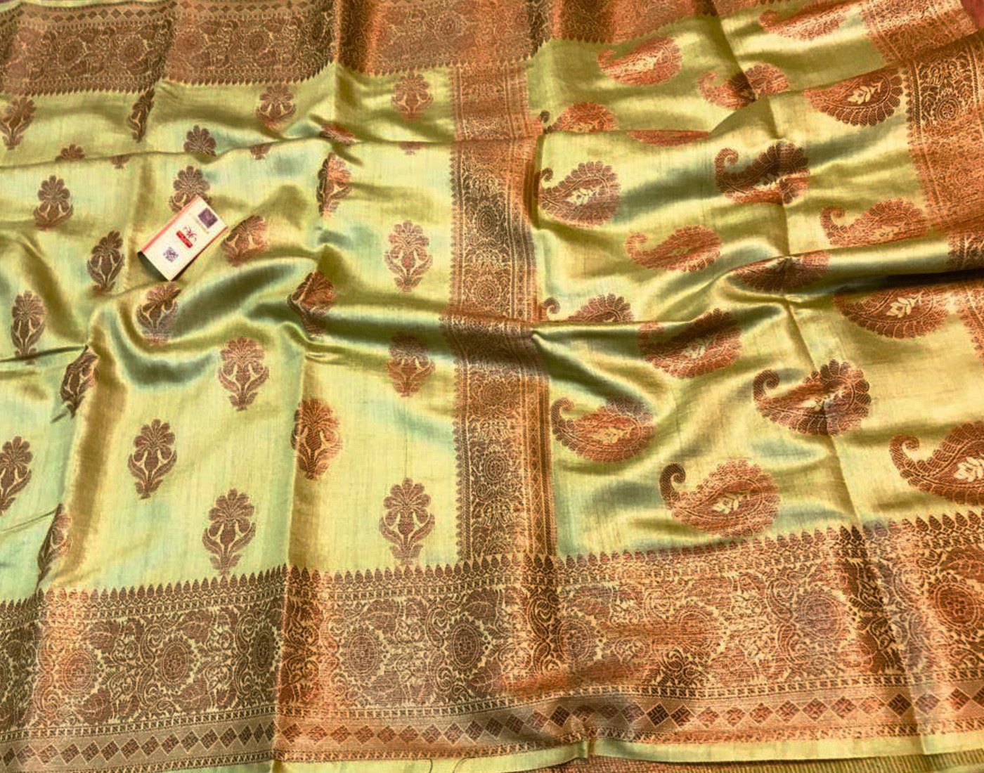Embroidered Pista Green Munga Silk Saree with Floral Motifs | Peepal Clothing