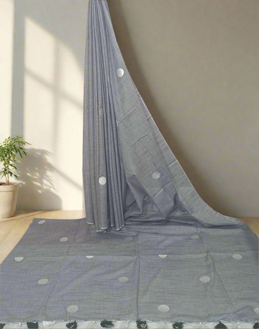 Embroidered Polka Dot Cotton Slub Saree | Peepal Clothing