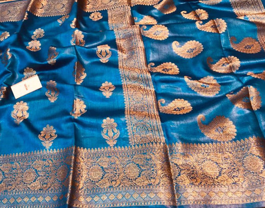 Embroidered Royal Blue Munga Silk Saree with Floral Motifs | Peepal Clothing