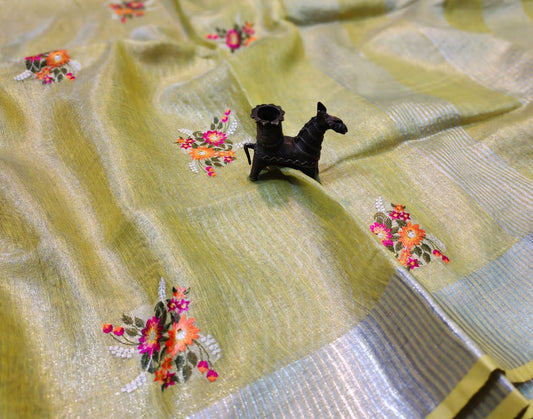 Embroidered Tissue Linen Saree in Yellow | Peepal Clothing