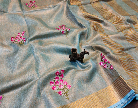Embroidered blue tissue linen saree | Peepal Clothing