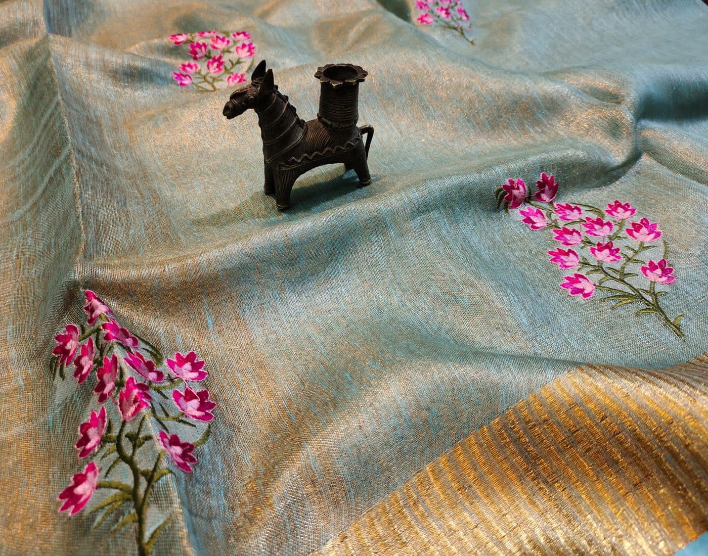 Blue tissue linen saree | Peepal Clothing