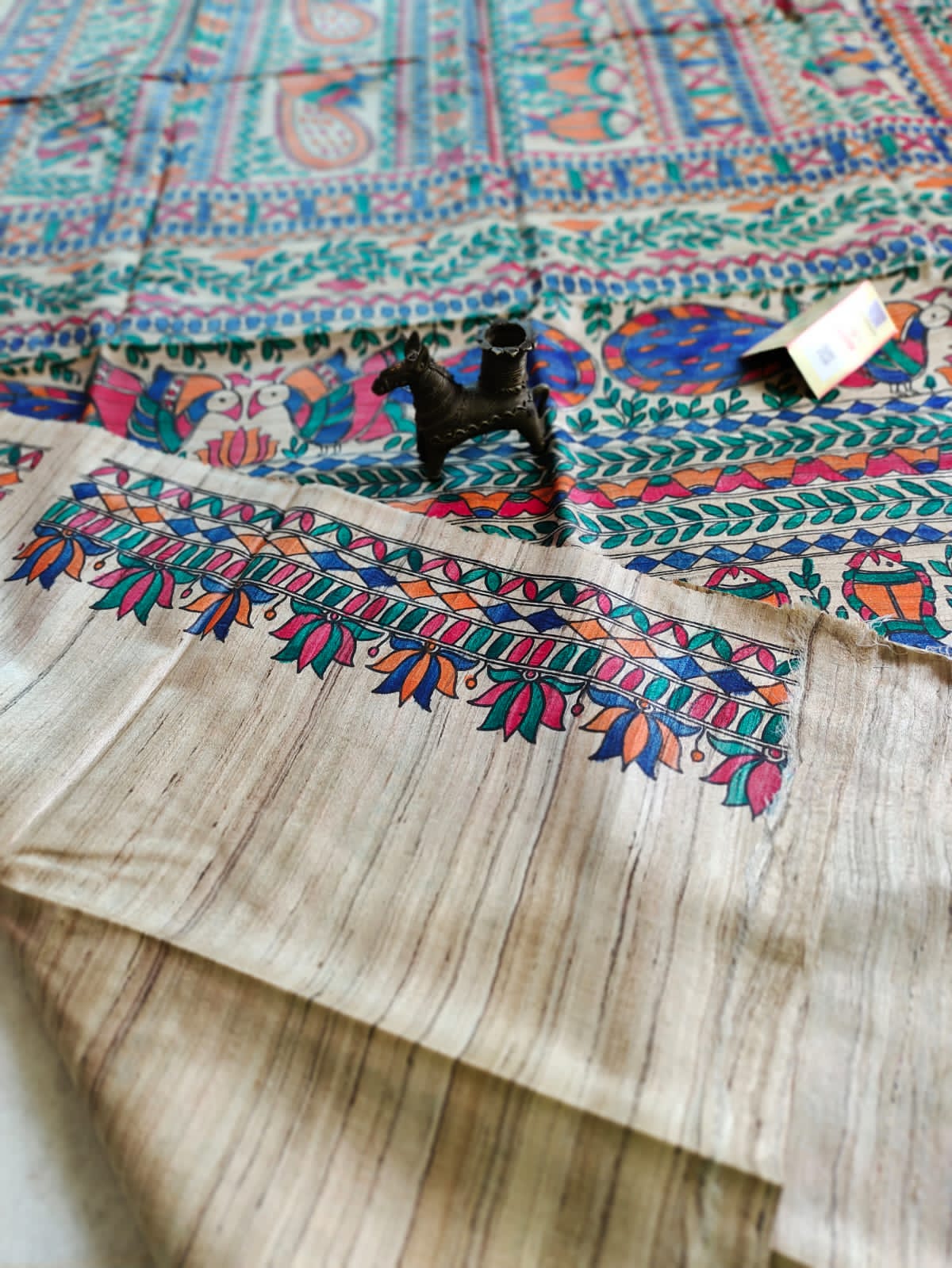 Fish and Peacock Motif Madhubani Hand Painted Desi Tussar Silk Saree