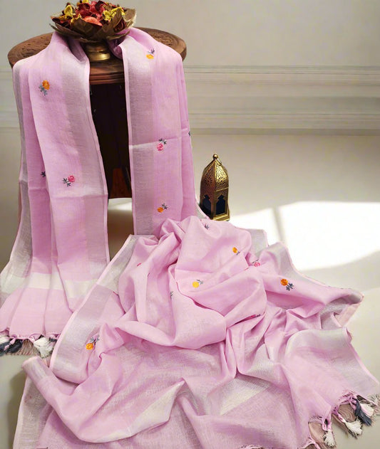 Flamingo Pink Embroidered Linen Dupatta | Peepal Clothing