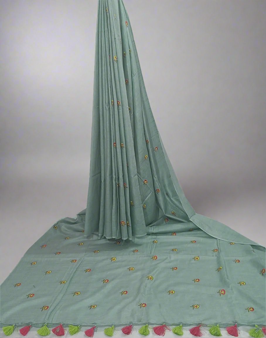 Floral Embroidered Cotton Slub Saree | Peepal Clothing