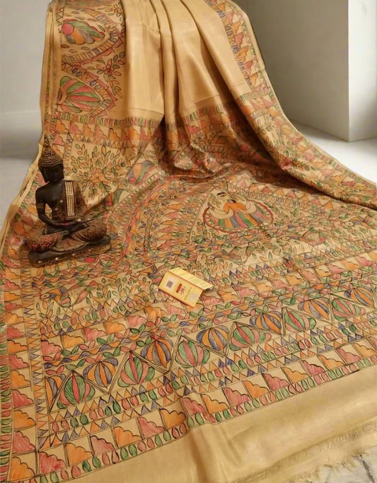 Shop Floral Madhubani Hand Painted Pure Desi Tussar Silk Saree Online at www.peepalclothing.com