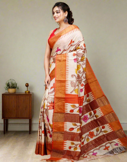Off-white Kalamkari Saree| Peepal Clothing