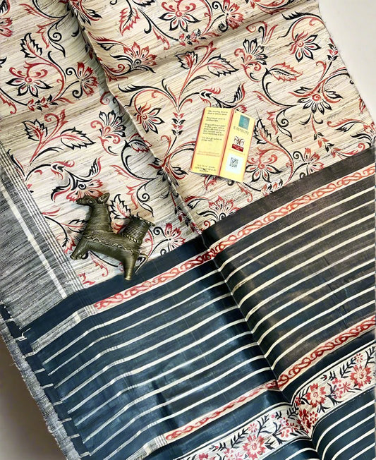 Floral Printed Off-white Tussar Ghicha Silk Saree| Peepal Clothing