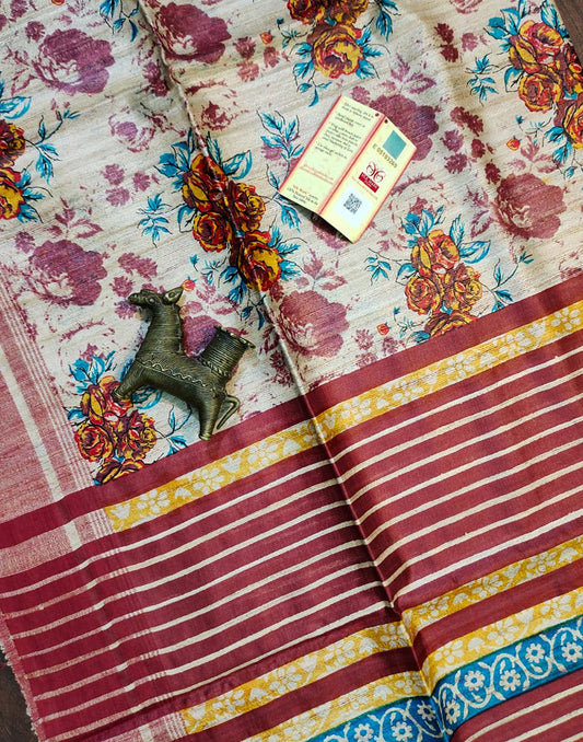Floral Printed Tussar Ghicha Silk Saree in Brick Red| Peepal Clothing