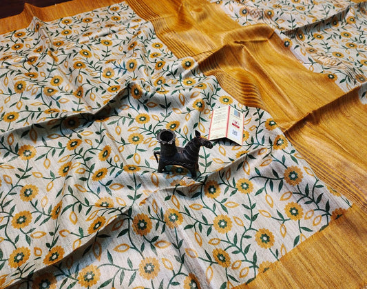 Floral Printed Tussar Ghicha Silk Saree with Zari Border| Peepal Clothing