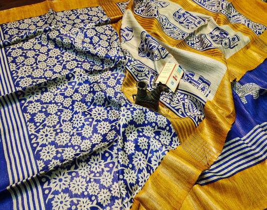 Floral Tussar Ghicha Printed Silk Saree with Zari Border| Peepal Clothing