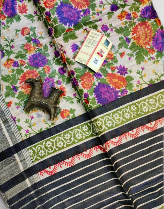 Floral multicolor Printed Tussar Ghicha Silk Saree| Peepal Clothing