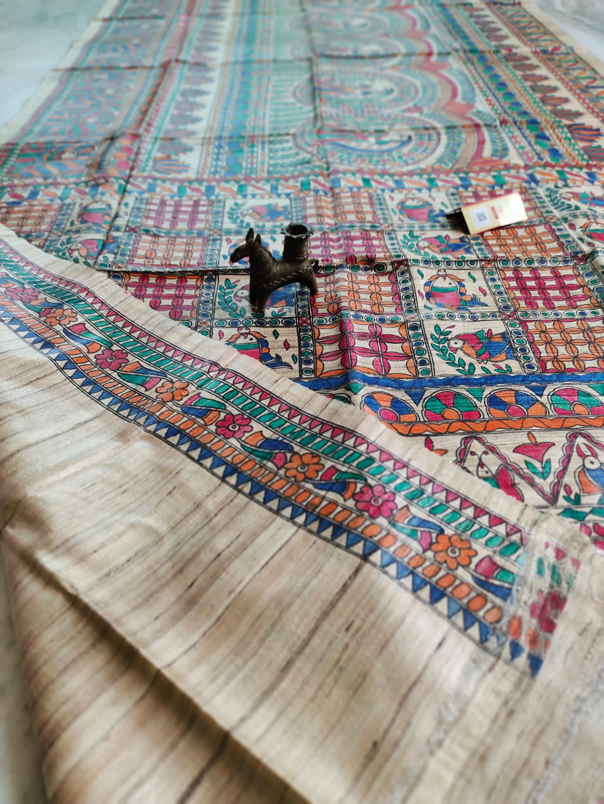 Flower and Girl Madhubani Hand Painted Desi Tussar Silk Saree