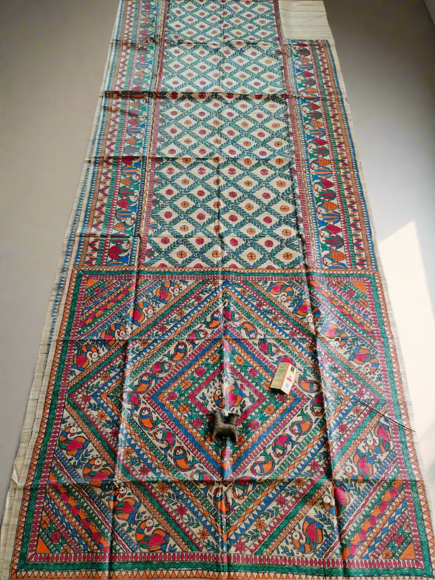 Geometrical Design Madhubani Hand Painted Tussar Ghicha Silk Saree