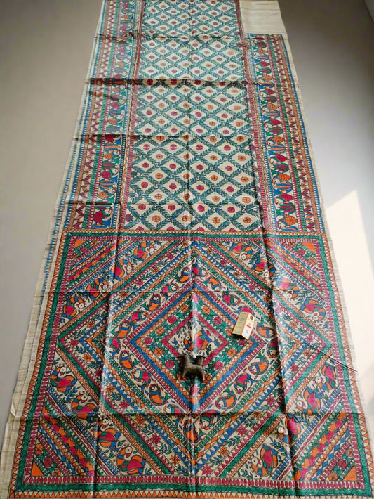 Geometrical Design Madhubani Hand Painted Tussar Ghicha Silk Saree