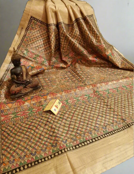 Shop Geometrical Pattern Madhubani Hand Painted Pure Desi Tussar Silk Saree Online at www.peepalclothing.com