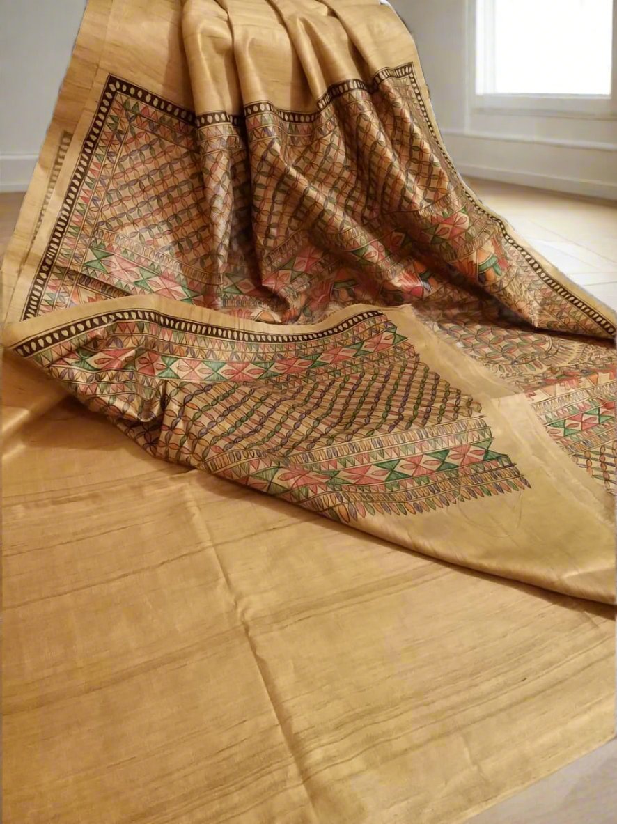 Shop Geometrical Pattern Madhubani Hand Painted Pure Desi Tussar Silk Saree Online at www.peepalclothing.com