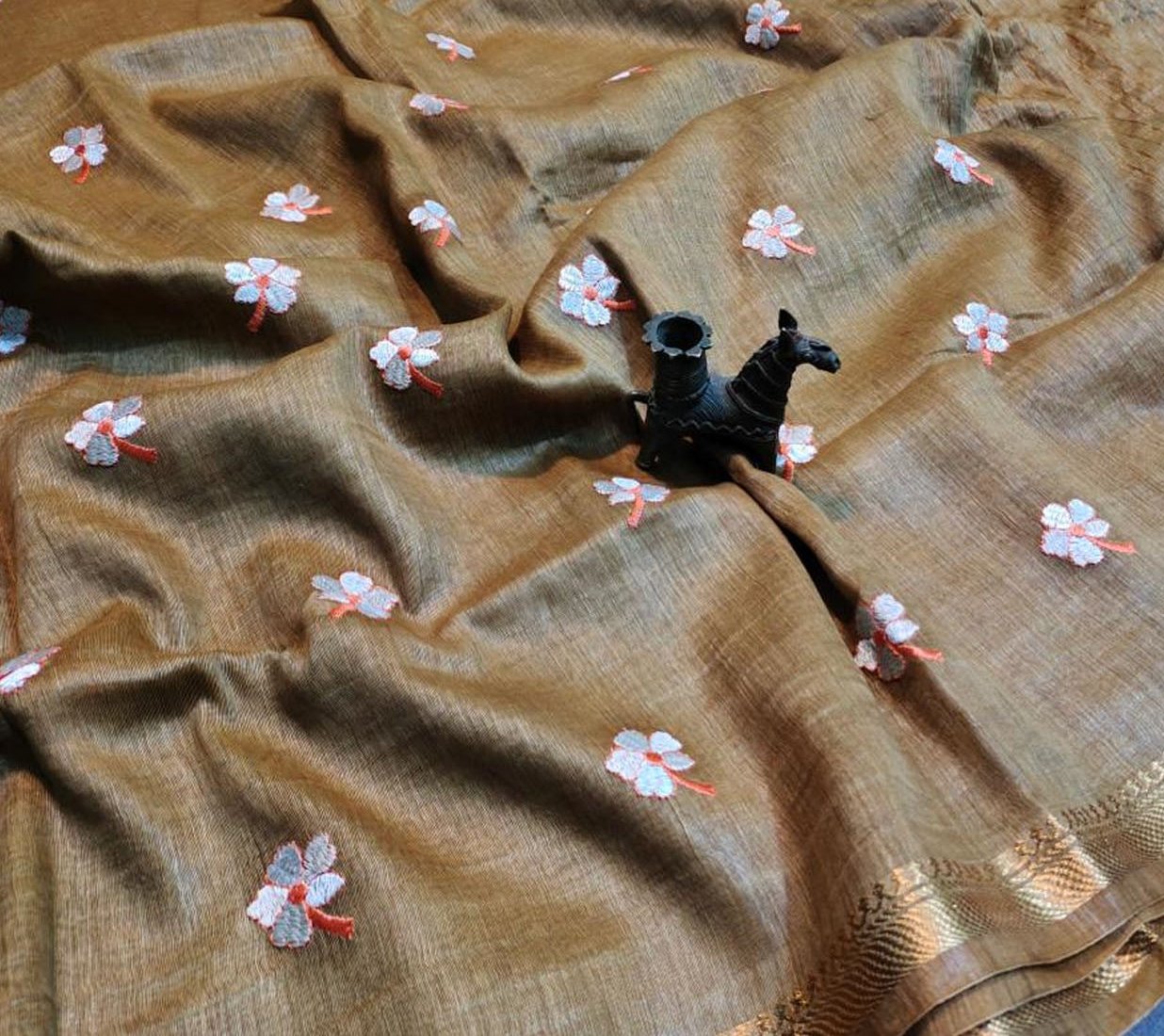 Golden Embroidered Pure Silk Linen Saree | Peepal Clothing