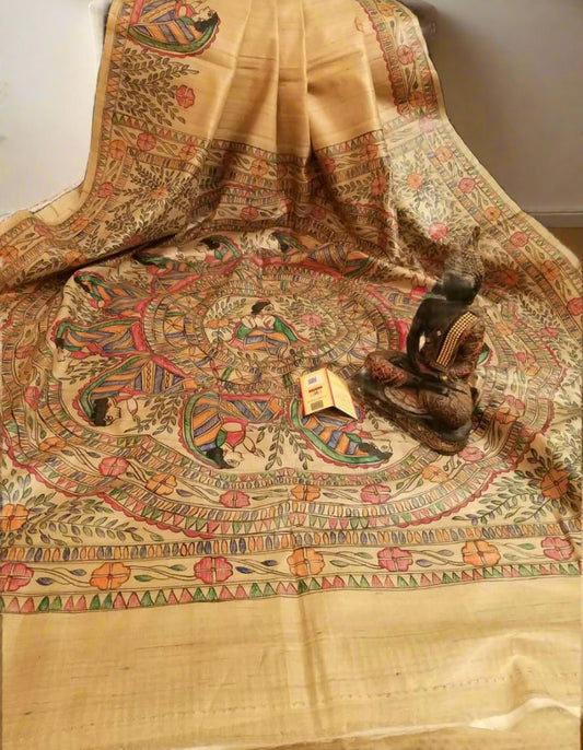Shop Gopi Krishna Madhubani Hand Painted Pure Desi Tussar Silk Saree Online at www.peepalclothing.com