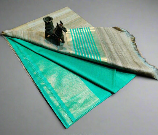 Green-Natural Korean Tussar Ghicha Silk Saree| Peepal Clothing