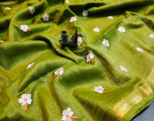 Green Embroidered Pure Silk Linen Saree | Peepal Clothing