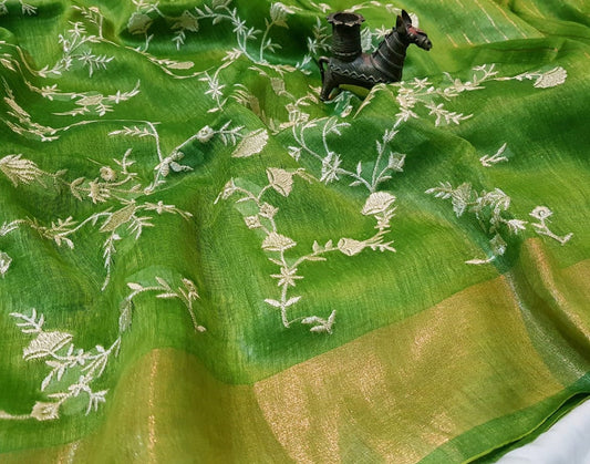 Green Embroidered Silk Linen Saree|Peepal Clothing