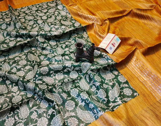 Green Floral Printed Tussar Ghicha Silk Saree with Zari Border| Peepal Clothing