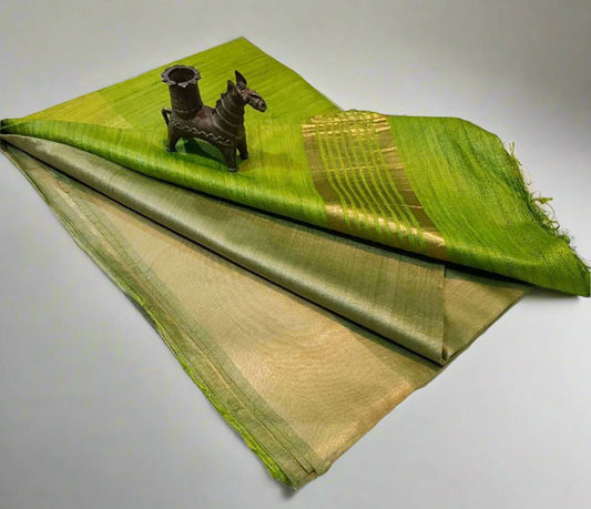Green Korean tussar ghicha pallu saree with staple body and Zari border| Peepal Clothing