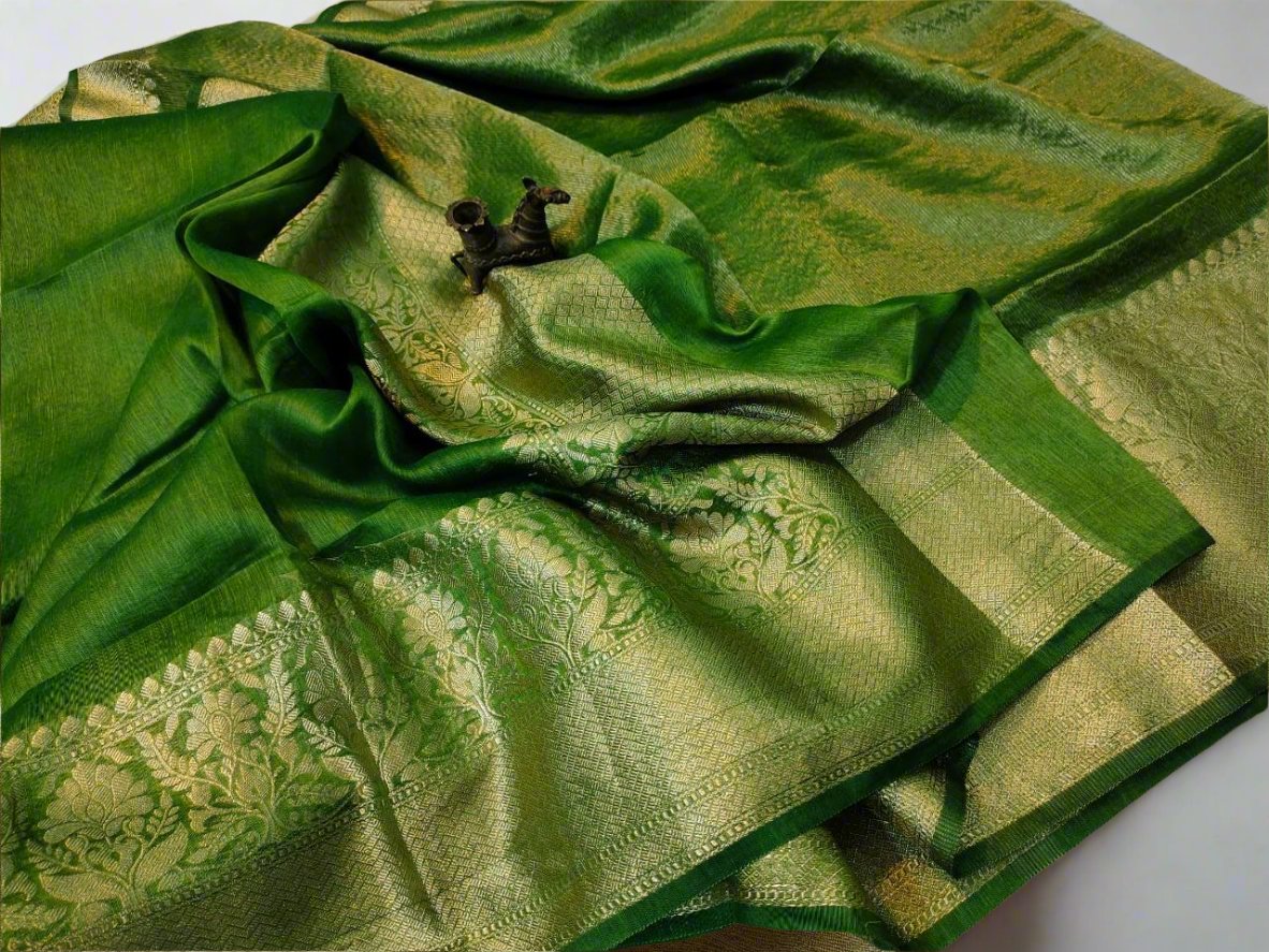 Green Pure Silk Linen Banarasi Saree | Pipal Clothing