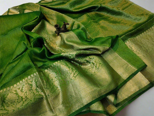 Green Pure Silk Linen Banarasi Saree | Pipal Clothing