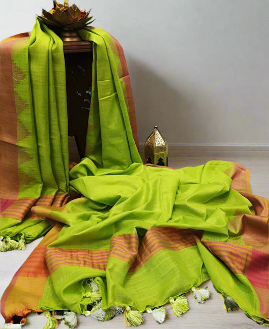 Green Temple Border Cotton Slub Dupatta | Peepal Clothing