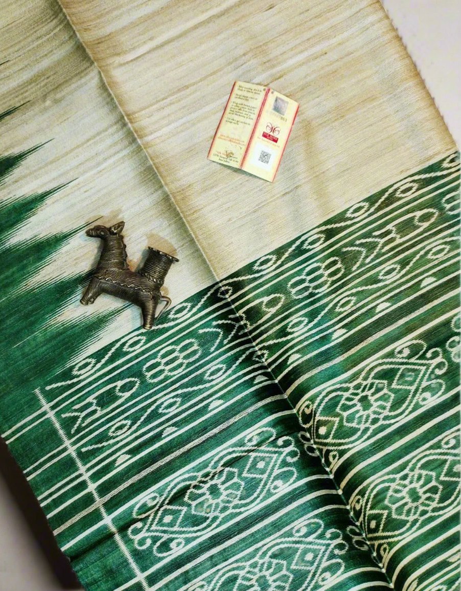 Green Tussar Ghicha Ikkat Printed Silk Saree| Peepal Clothing