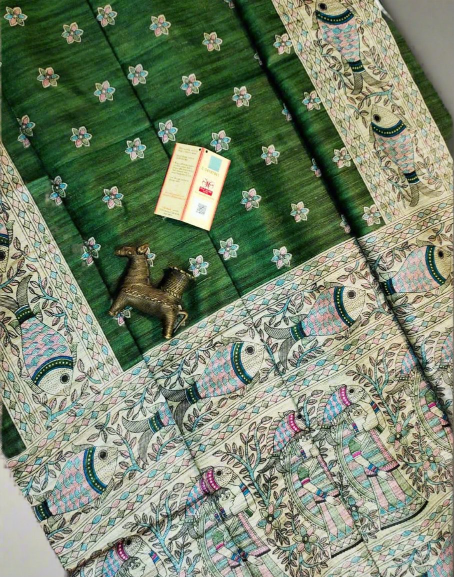 Green Tussar Ghicha Madhubani Buta Printed Silk Saree| Peepal Clothing