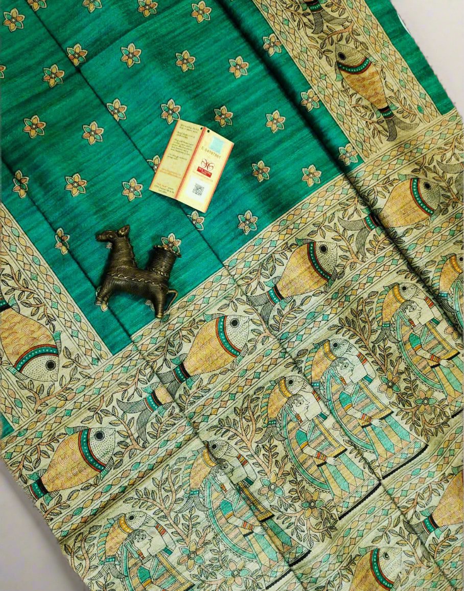 Green Tussar Ghicha Madhubani Printed Silk Saree| Peepal Clothing