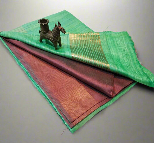 Green and Brown Korean tussar ghicha pallu saree with staple body and Zari border| Peepal Clothing