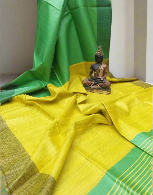 Green and Yellow Korean tussar ghicha pallu saree with staple body| Peepal Clothing
