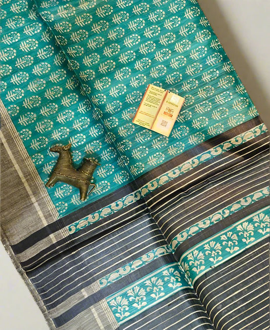 Greenish Blue Floral Printed Tussar Ghicha Silk Saree| Peepal Clothing