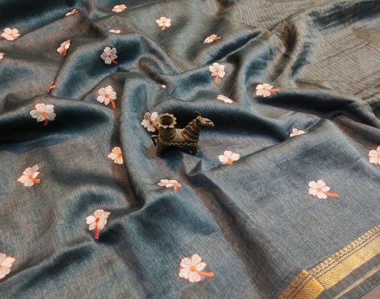 Grey Embroidered Pure Silk Linen Saree | Peepal Clothing