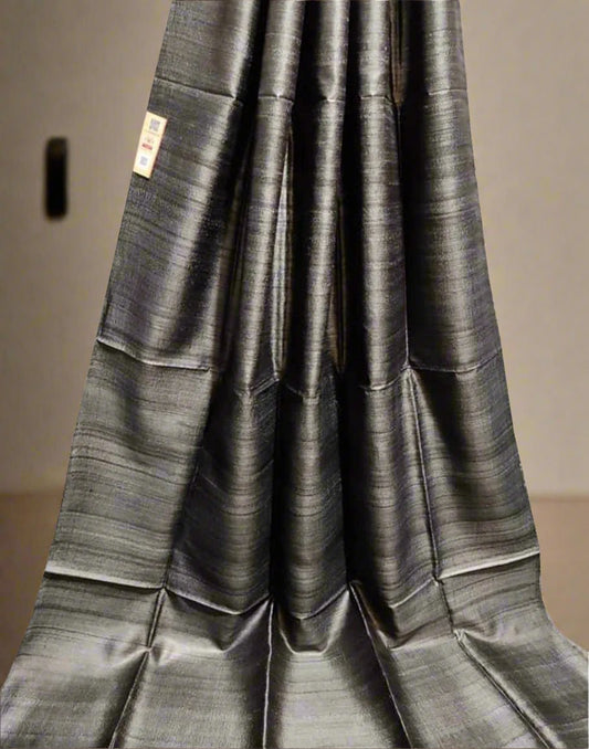 Grey Pure Desi Tussar Plain Silk Saree| Peepal Clothing