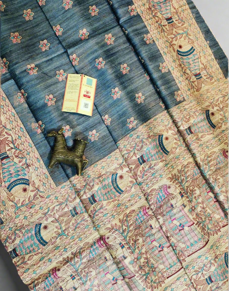 Grey Tussar Ghicha Madhubani Printed Silk Saree| Peepal Clothing